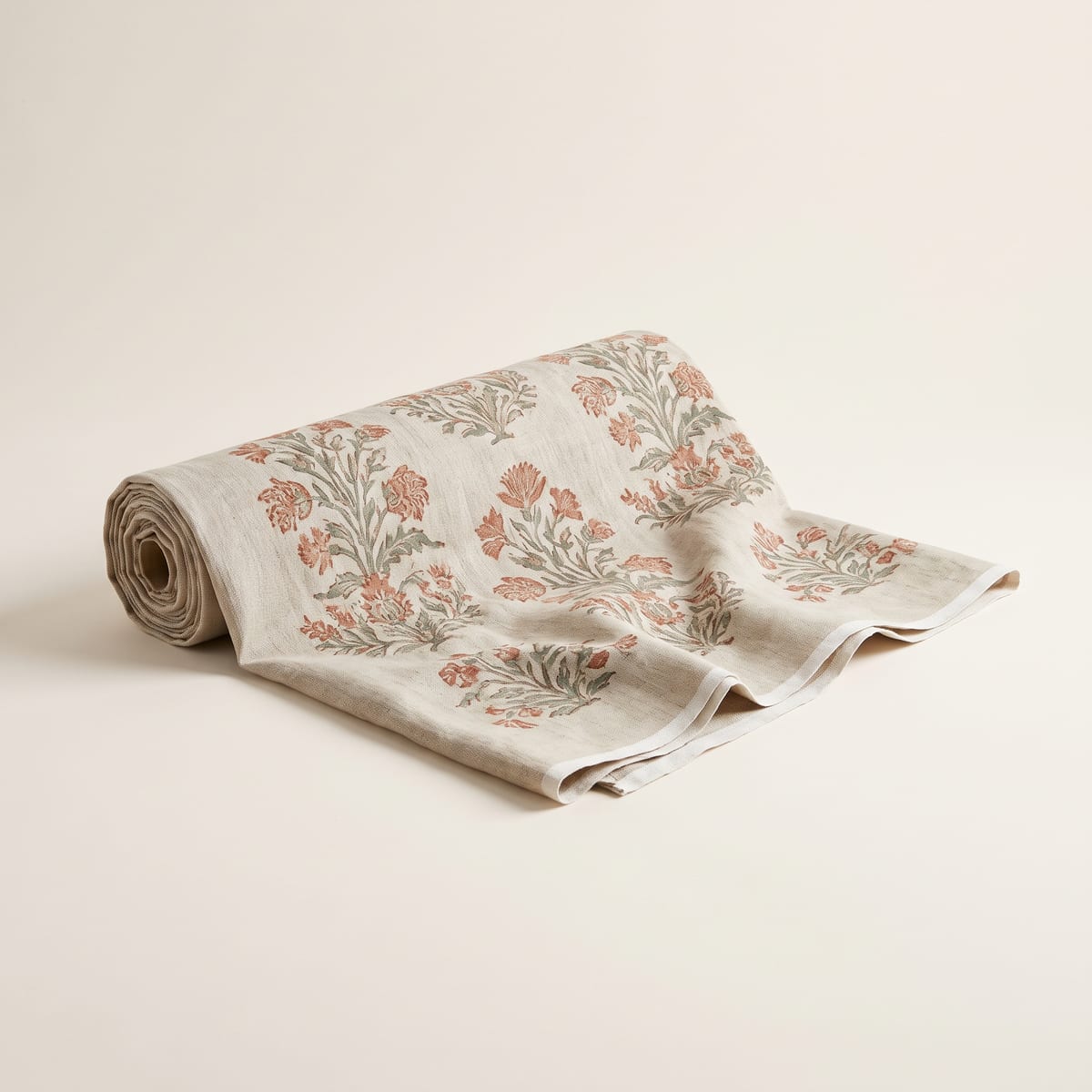 Block-printed linen bolt render — print and pattern design in Kenna