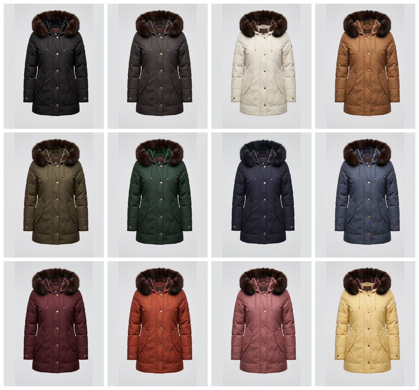 Colorway line sheet: the same parka rendered in twelve colorways, from black and ecru to burgundy and butter yellow