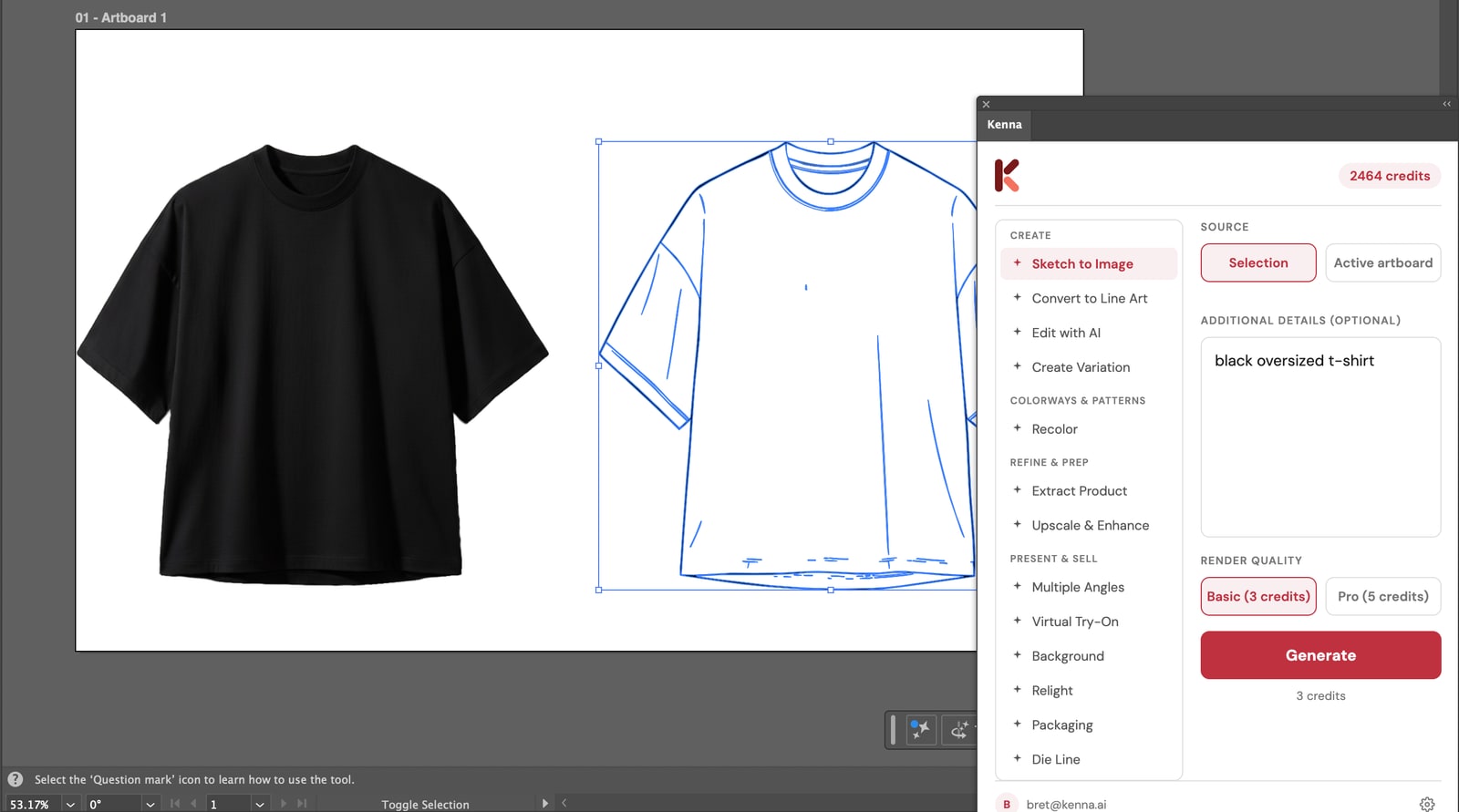 Kenna panel inside Adobe Illustrator: a t-shirt line sketch selected on the artboard and its photorealistic render beside it