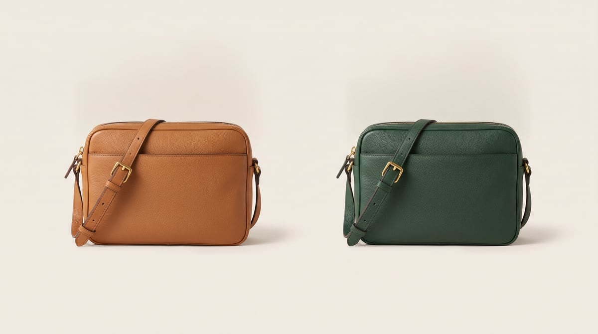 The same crossbody bag shown in tan and forest green — two colorway options for a buyer